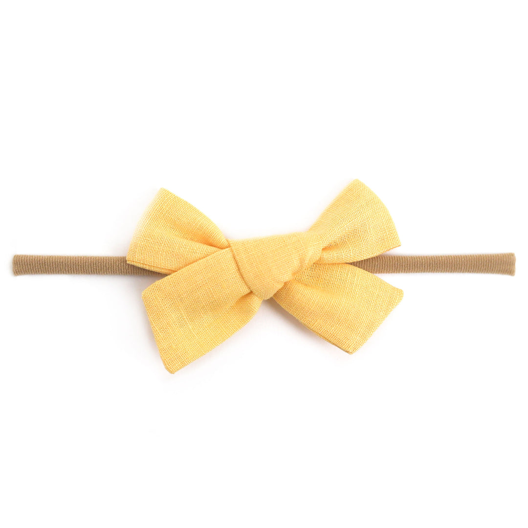 sunshine yellow linen baby bow on nylon headband