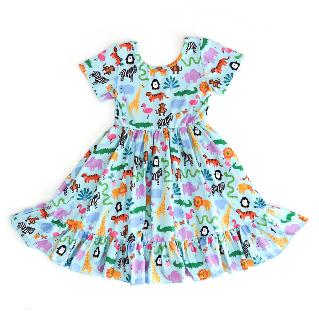 girls' short sleeve, ruffle hem twirl dress in mint with colorful zoo animal print