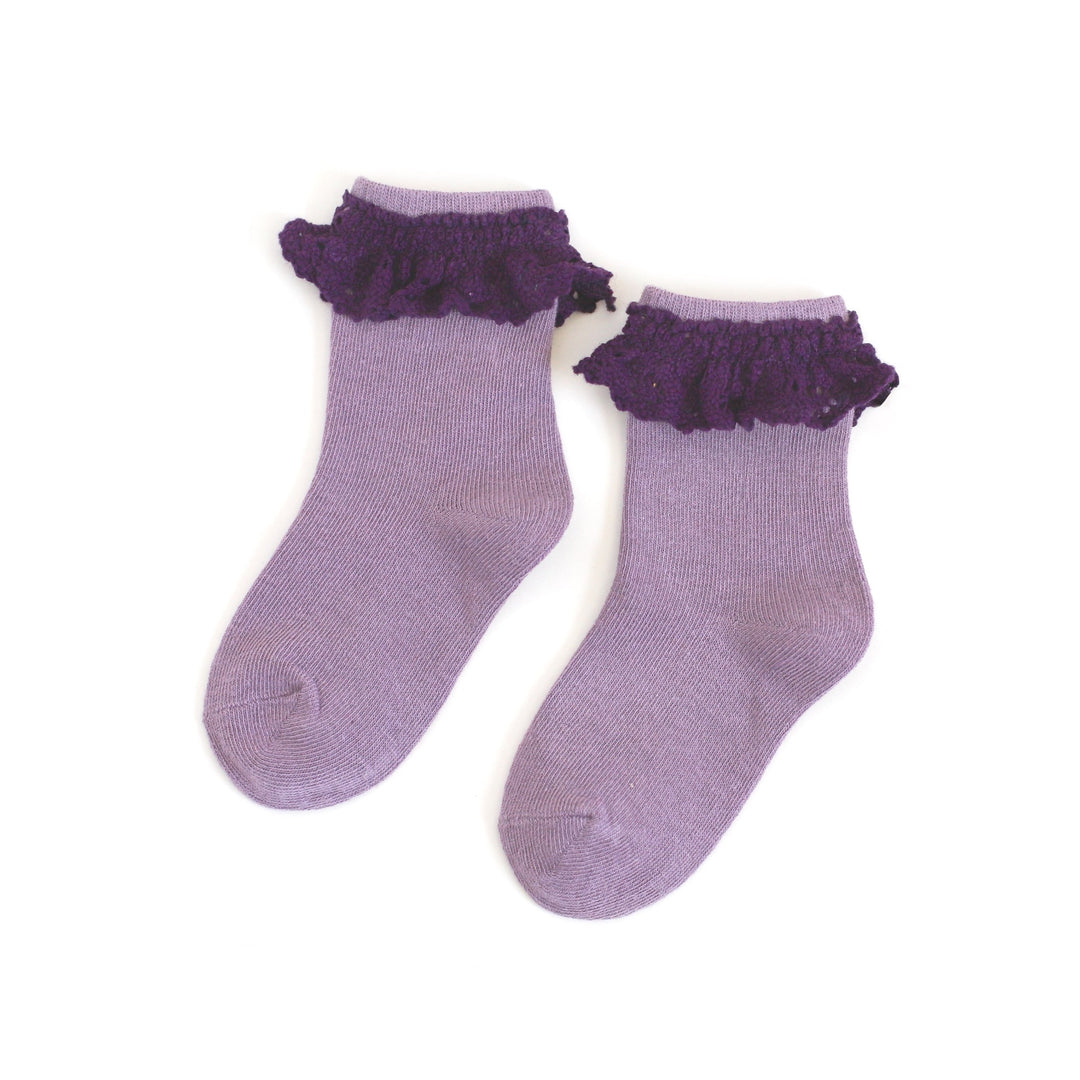 two tone light and dark purple lace trimmed midi sock