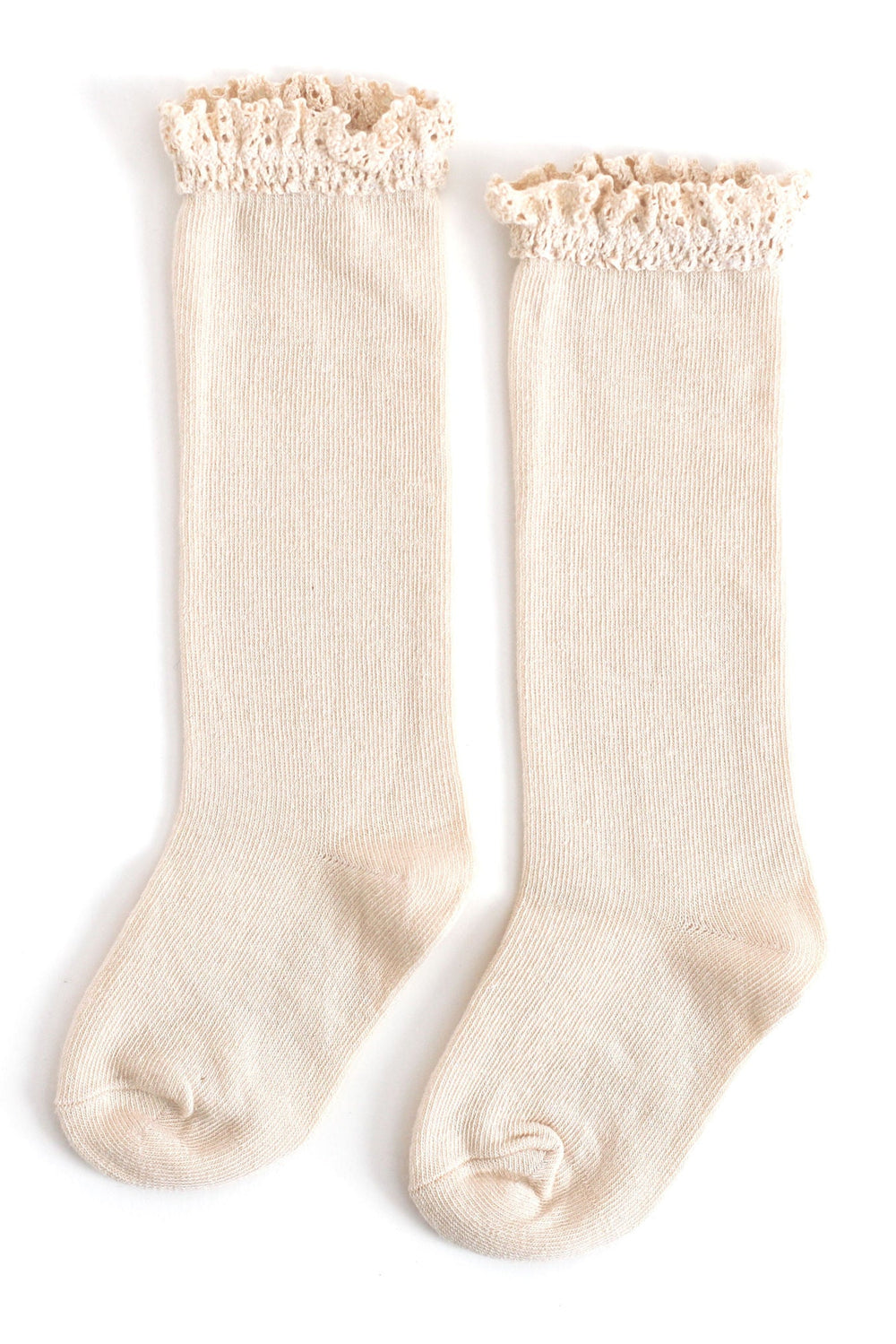 vanilla cream knee high socks with lace top for babies, toddlers and little girls