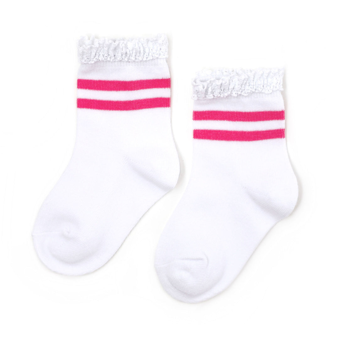 white lace trimmed socks with two hot pink lines