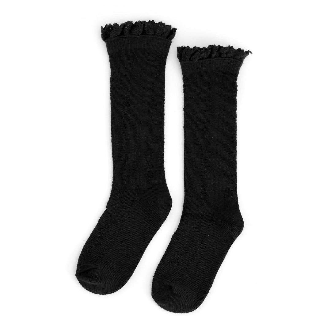 black fancy open knit crochet vintage style knee high socks for babies, toddlers and girls