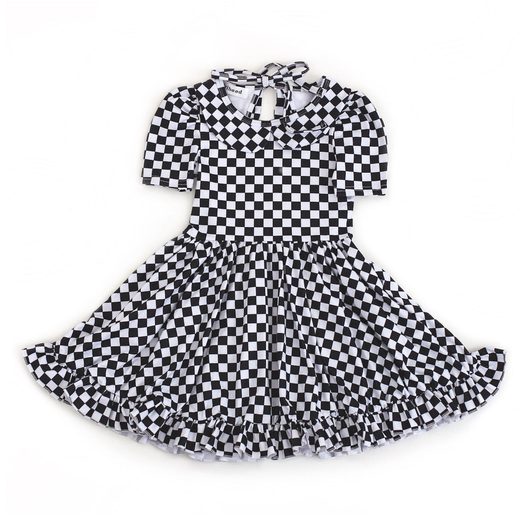 black and white checkered twirl dress for little girls