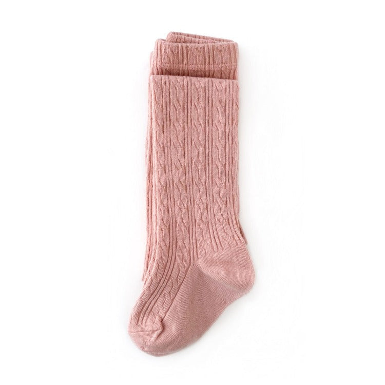 Blush pink cable knit tights for babies, toddlers and girls.