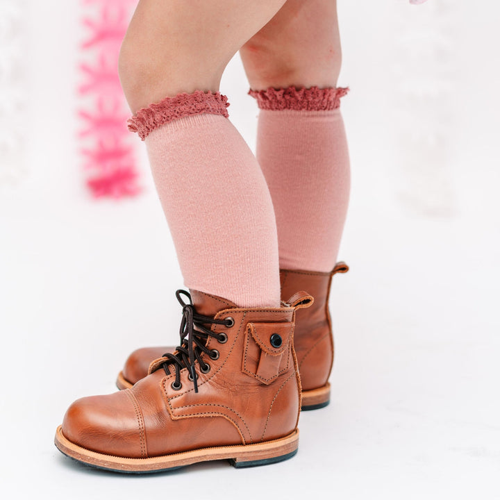 blush and mauve lace top knee high socks paired with cute brown leather boots