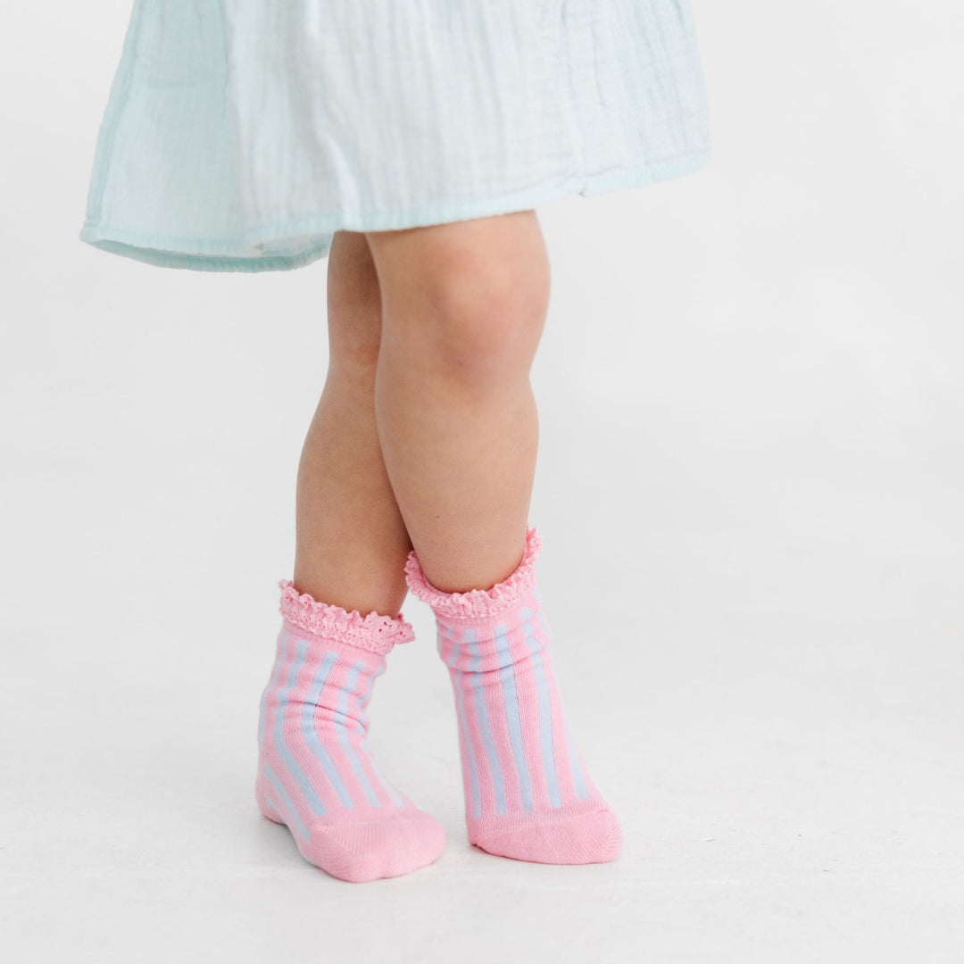 pastel pink and blue cotton candy striped midi socks with lace trim for babies, toddlers and girls.