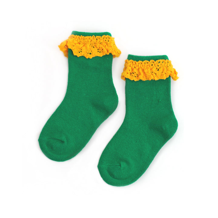 elementary green and yellow lace trimmed midi socks