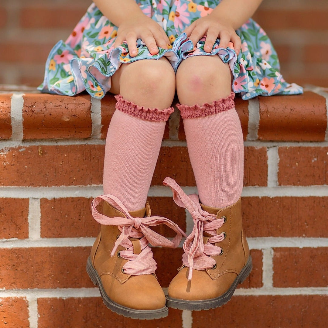 pink lace top knee high socks for boots