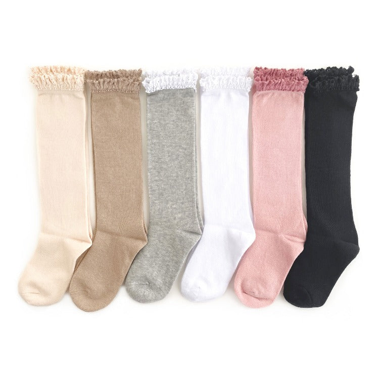 Neutral Color lace trim knee high socks for baby, toddler and girls.