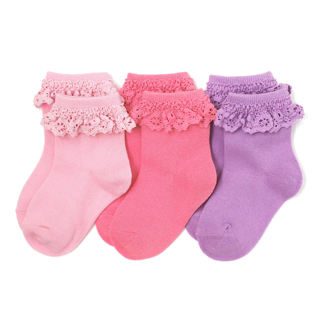 3 pack of lace trimmed midi socks for babies, toddlers and girls in shades of pink and purple