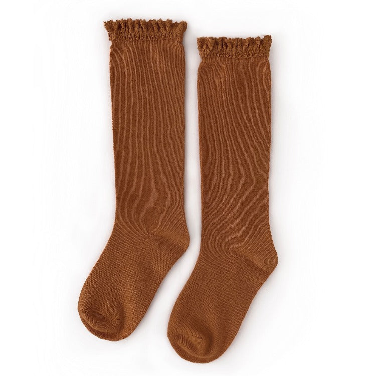Toffee brown lace trim knee highs for baby, toddler and girls.
