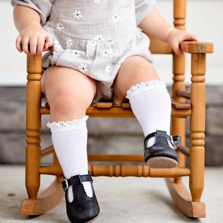 white lace top knee high socks on toddler girl