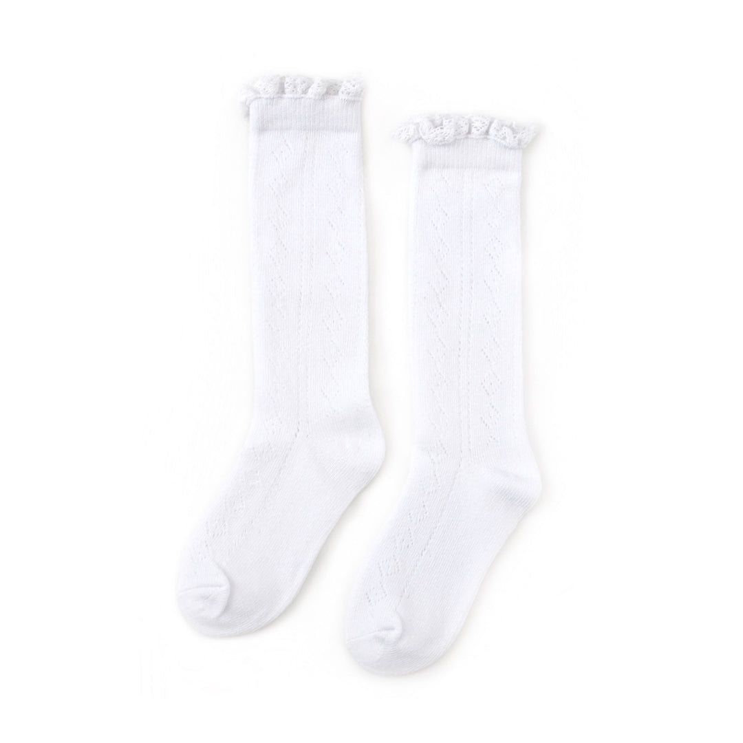 Solid white fancy crochet lace knee high socks by little stocking co