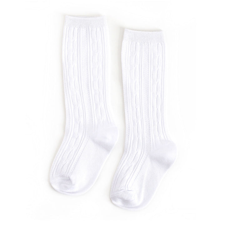 white cable knit knee high socks made by little stocking co for babies, toddlers and children